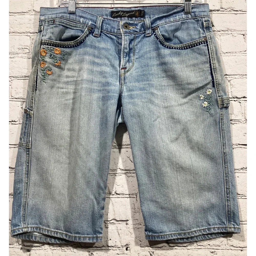 Lucky Brand Lucky Legend Embroidered Carpenter Denim Shorts Light Wash 12 31